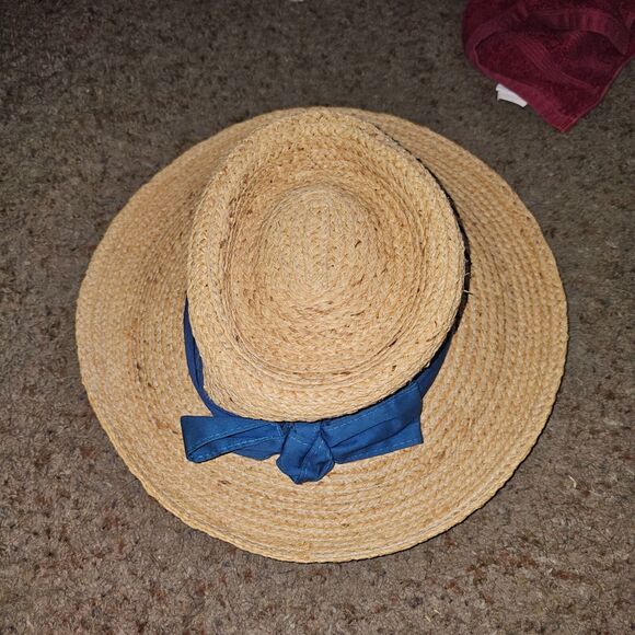 Kate Lord Straw Rolled Brim Hat w/Nancy Lopez Legacy Country Club Blue Bow VTG - Picture 1 of 10